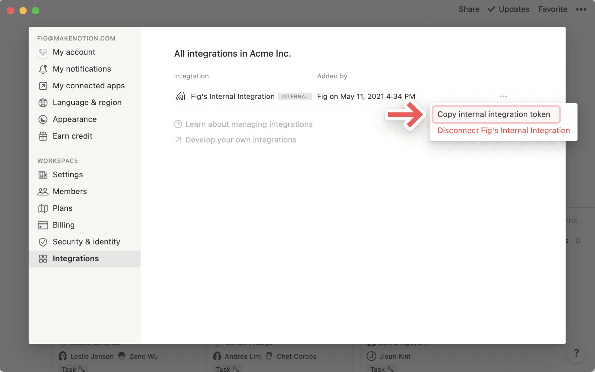 Ajouter et gérer des intégrations - jeton d’intégration interne