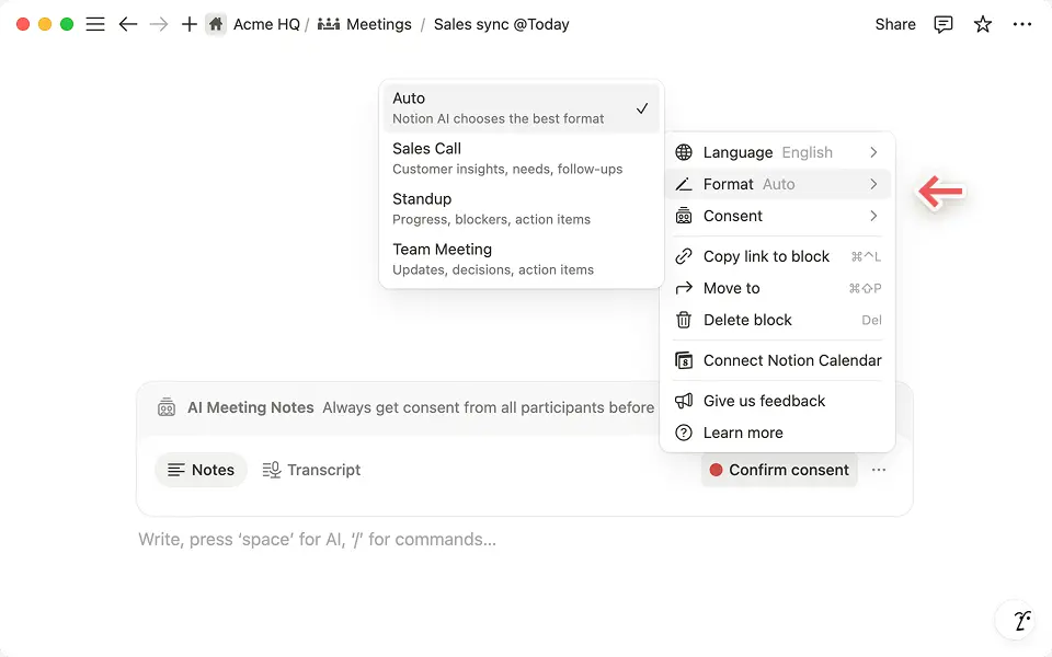 Choisissez le format de votre réunion afin que l’IA de Notion puisse organiser votre discussion plus efficacement.
