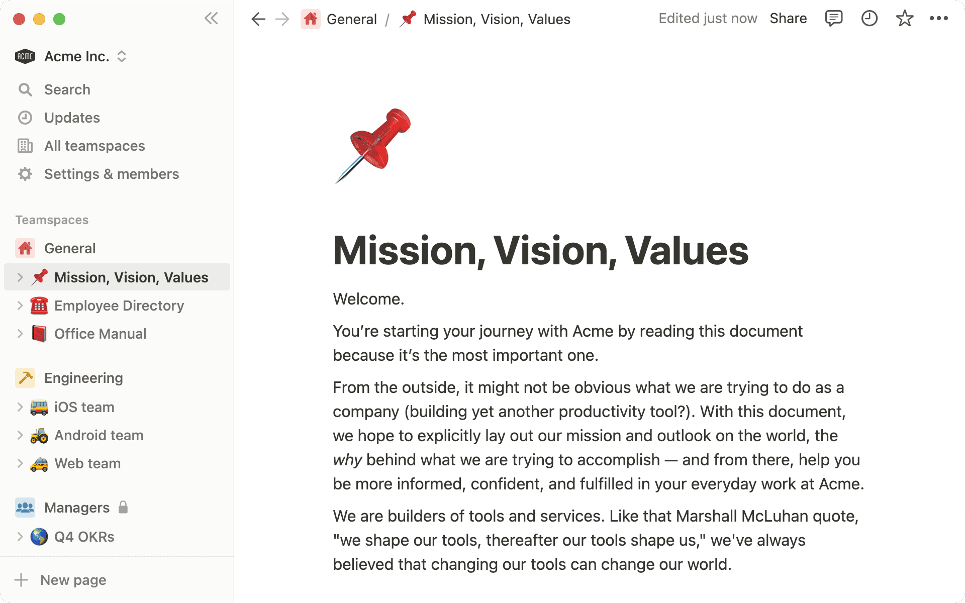 Capture d’écran de l’application Notion avec trois espaces d’équipe : Général, Ingénieurs et Managers.