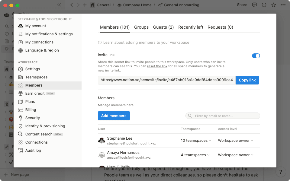 Le menu « Paramètres et membres » vous donne accès à tous les paramètres de l’espace de travail pour personnaliser Notion en fonction de vos besoins.