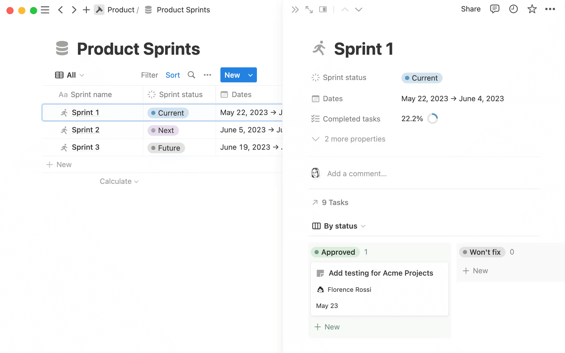 Sprint progress and details in Notion