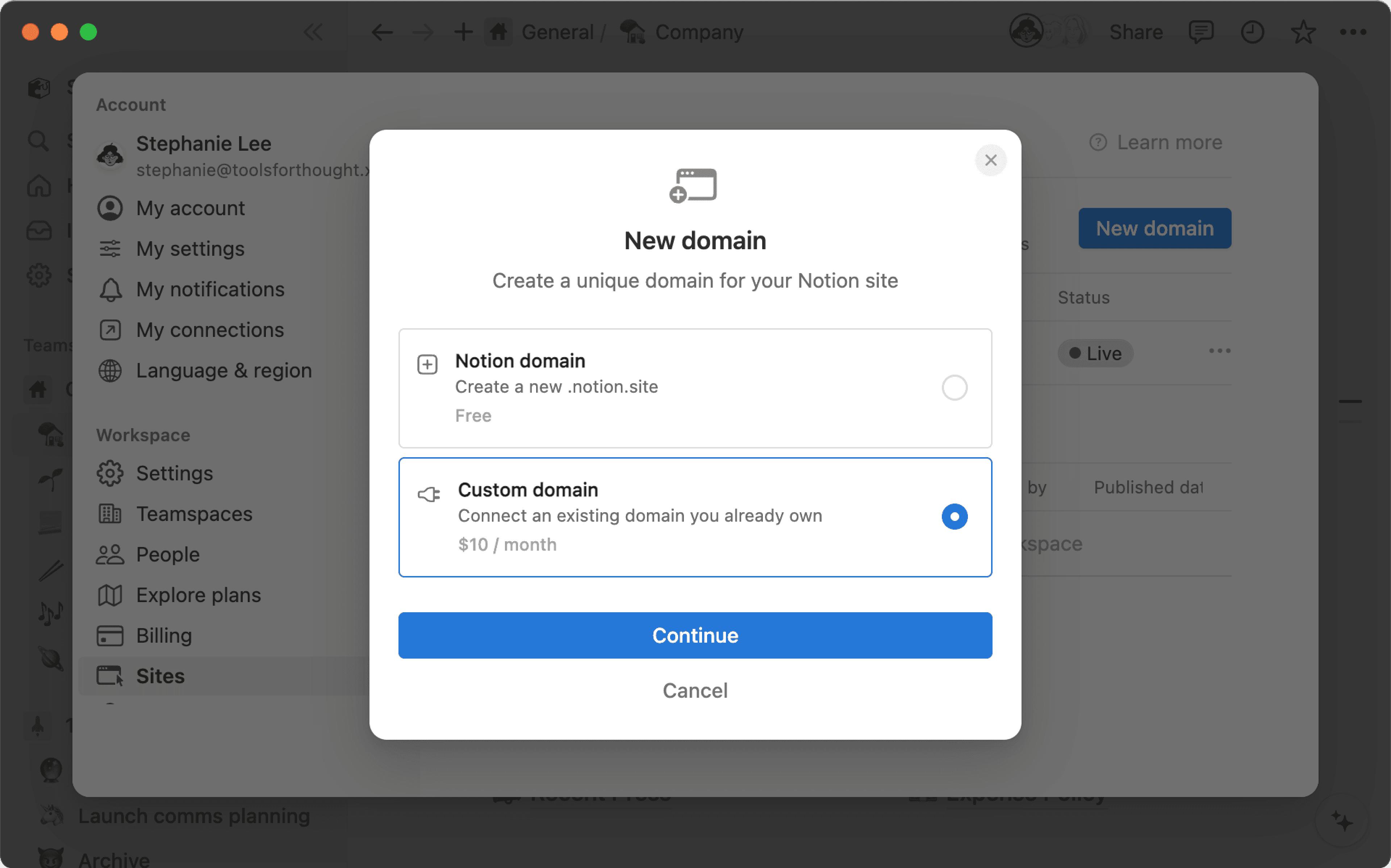 Aide : visuel pour connecter un domaine personnalisé