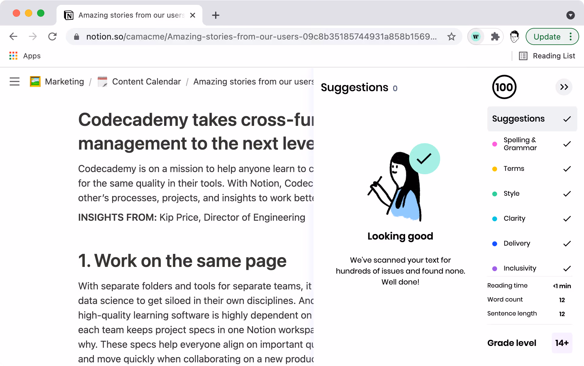 A Chrome window open with writer enabled