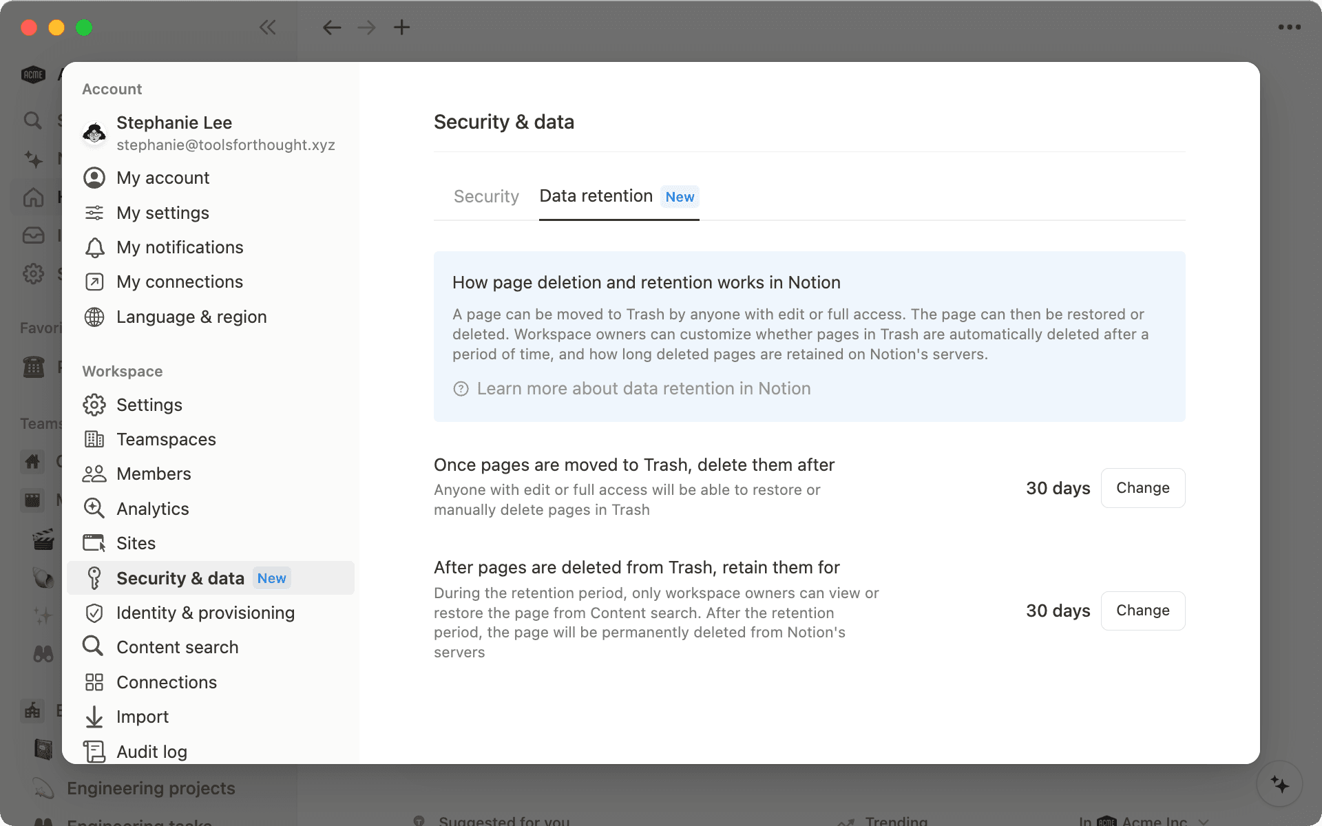 Les propriétaires d’espaces de travail Enterprise peuvent contrôler le moment où les pages des utilisateurs sont supprimées de la corbeille et la durée pendant laquelle elles peuvent être conservées avant leur suppression définitive