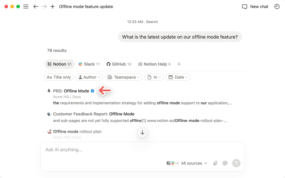 Vous verrez une coche bleue à côté du contenu que Notion a marqué comme « vérifié ».