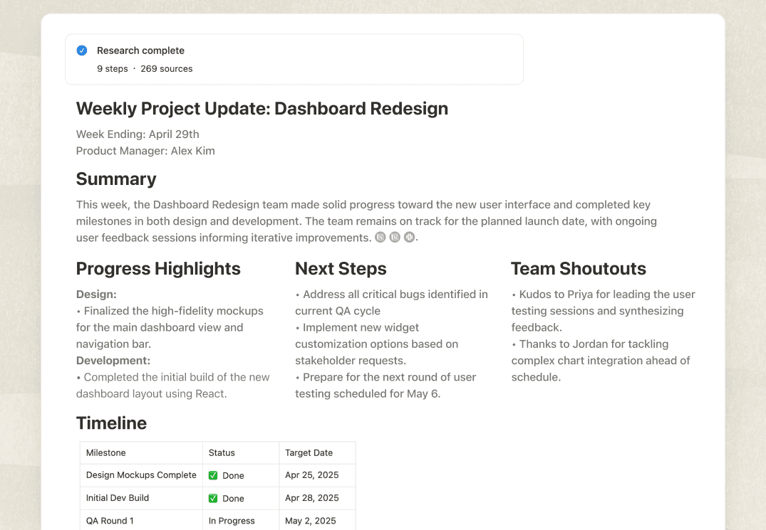 Weekly project update