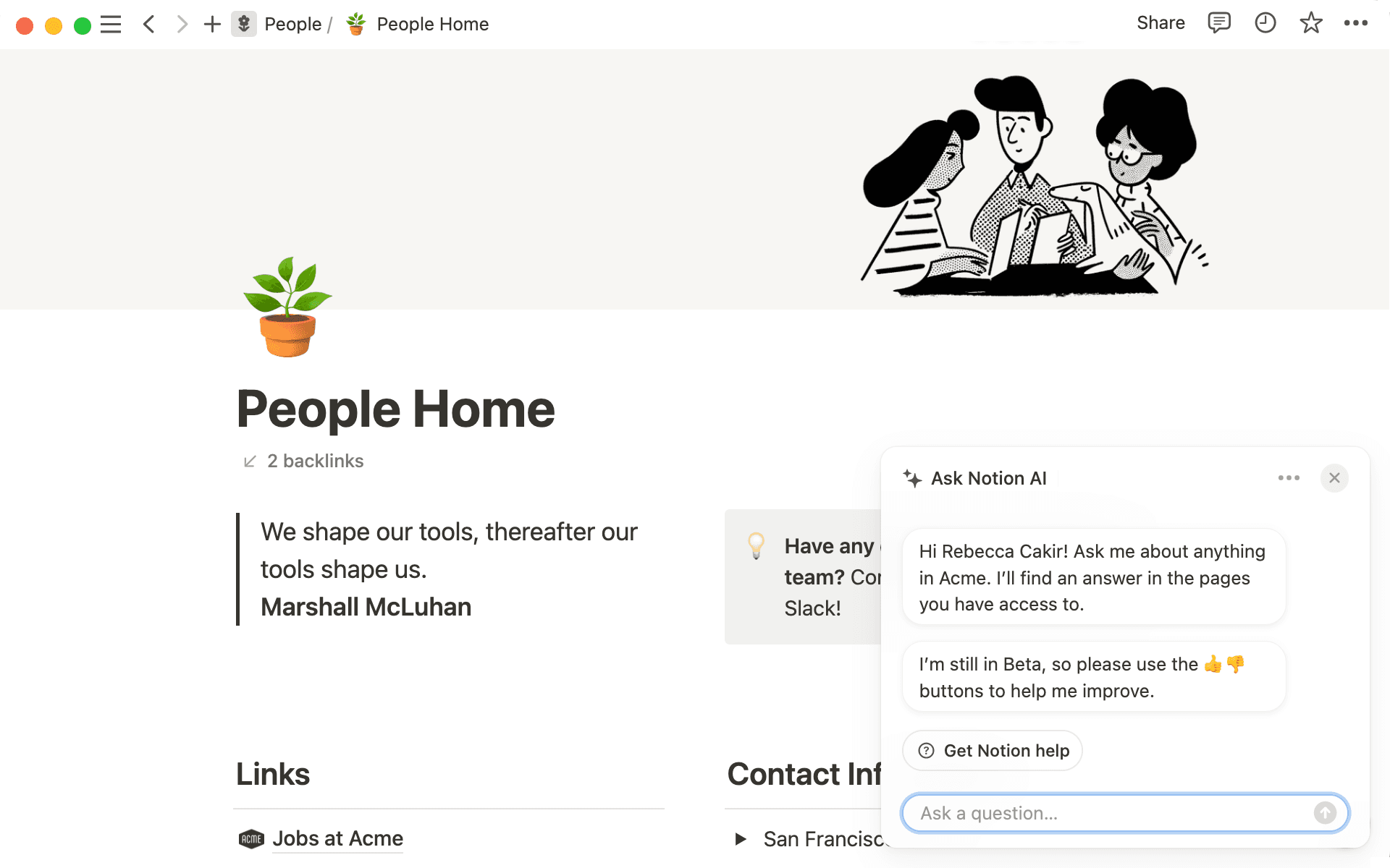 Cliquez sur l’étincelle en bas à droite pour ouvrir Notion Q&A ou passez par le menu de recherche.