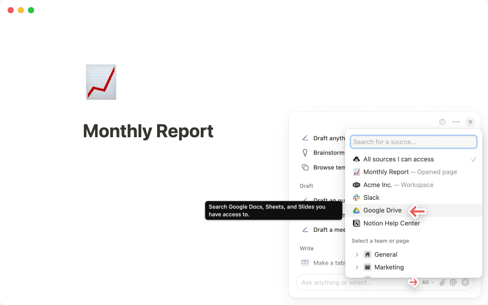 cliquez sur le menu à trois points --- dans le coin supérieur droit du chat de Notion AI pour vous connecter à Google Drive.