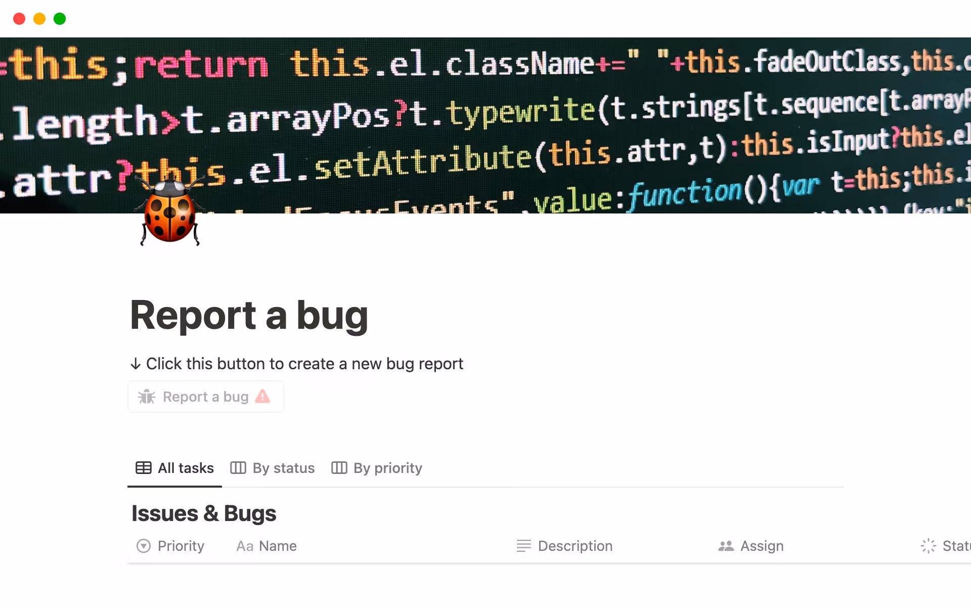A “report a bug” template in Notion