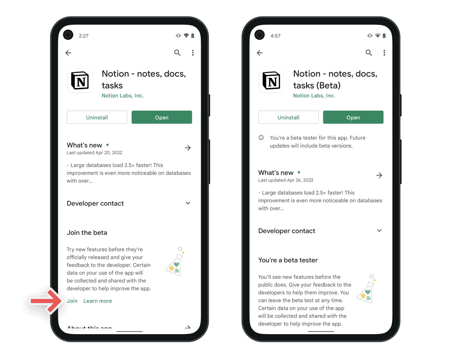 Captures d’écran de l’inscription à la version bêta Android de Notion dans Google Play Store.