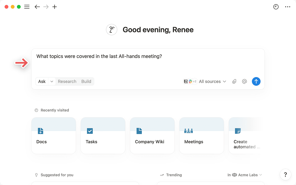 La barre de recherche se trouve au premier plan sur votre page d’accueil Notion.