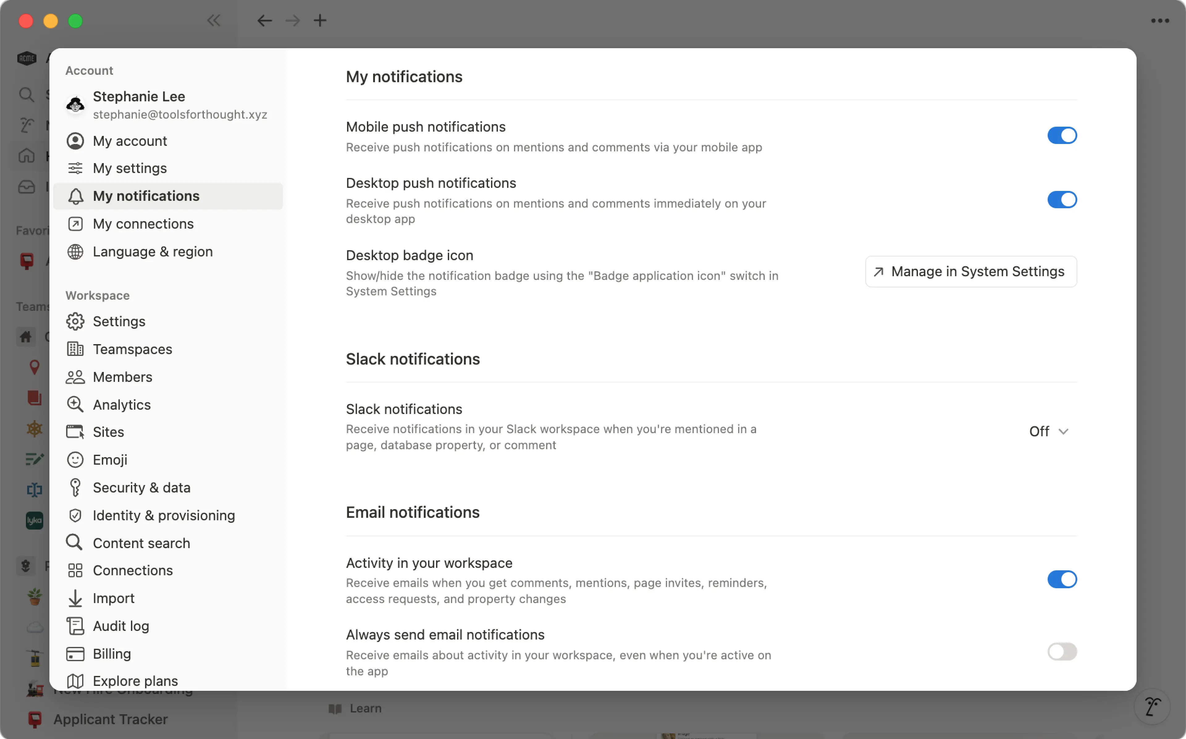 Paramètres de notifications ─ application de bureau