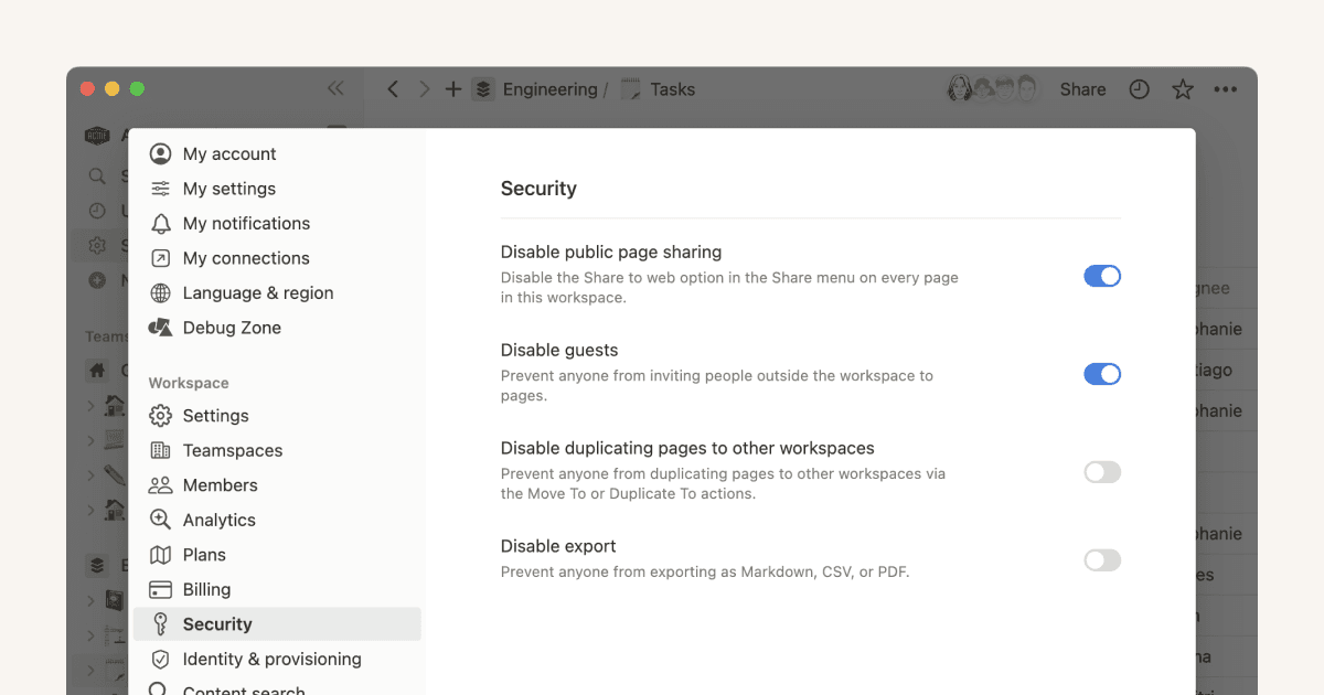 Dispositions relatives à la sécurité des entreprises de Notion