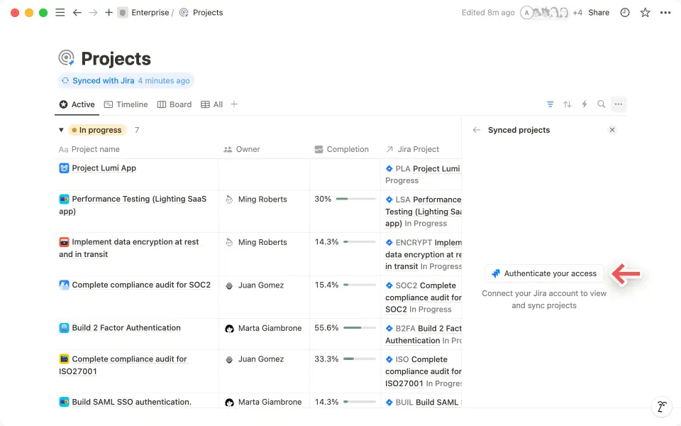 Cliquez sur « Authentifier votre accès » pour vérifier votre identité et transférer les projets Jira vers Notion