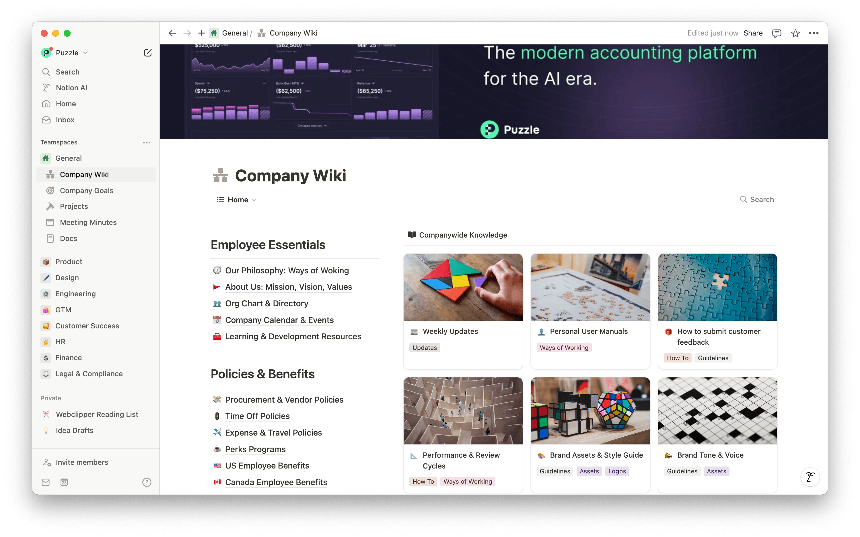 La source unique de Puzzle pour toutes les connaissances de l’entreprise : facile à mettre à jour, rapide à trouver et connectée de manière transparente à toutes nos tâches.