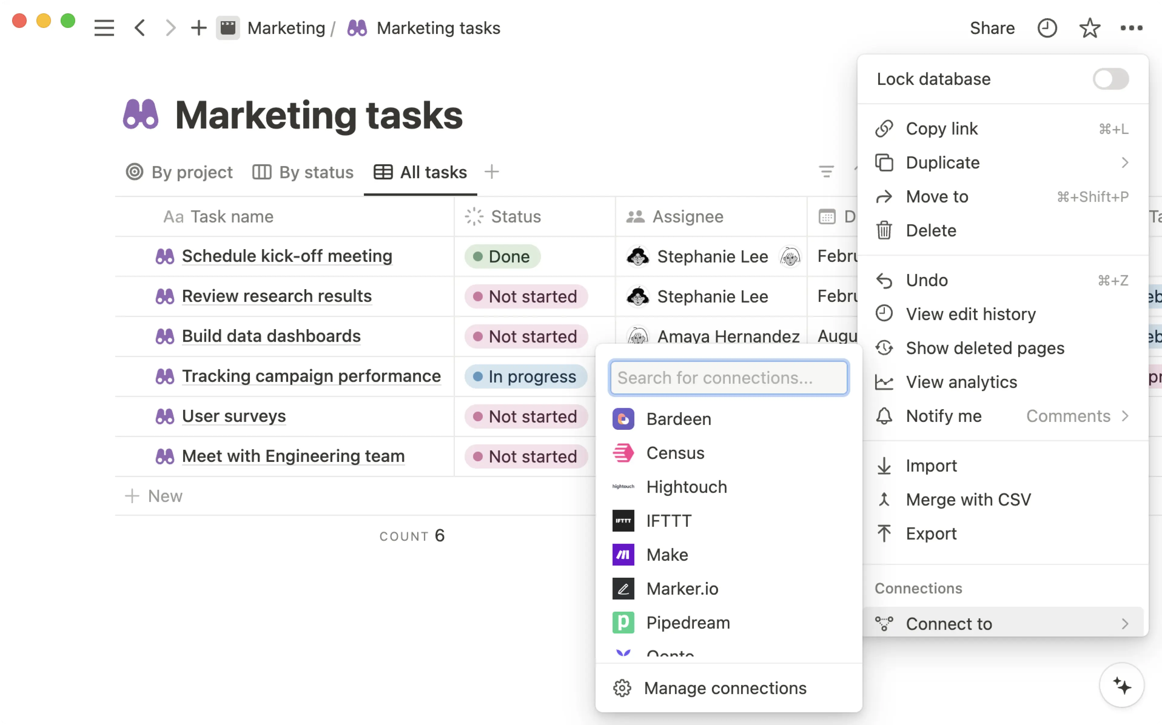 menu pour ajouter une connexion