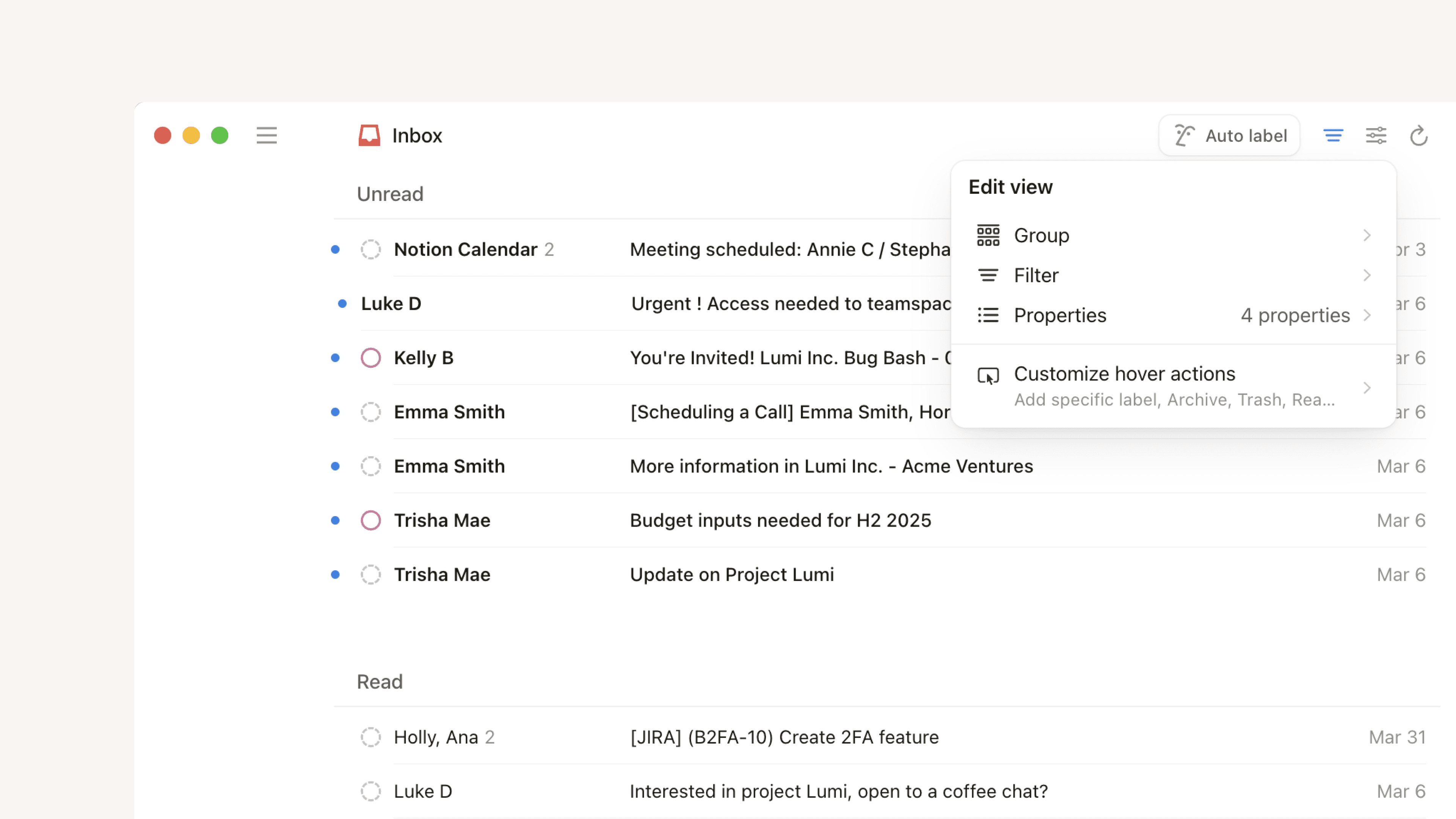aide : bannière vues d’e-mails et groupes