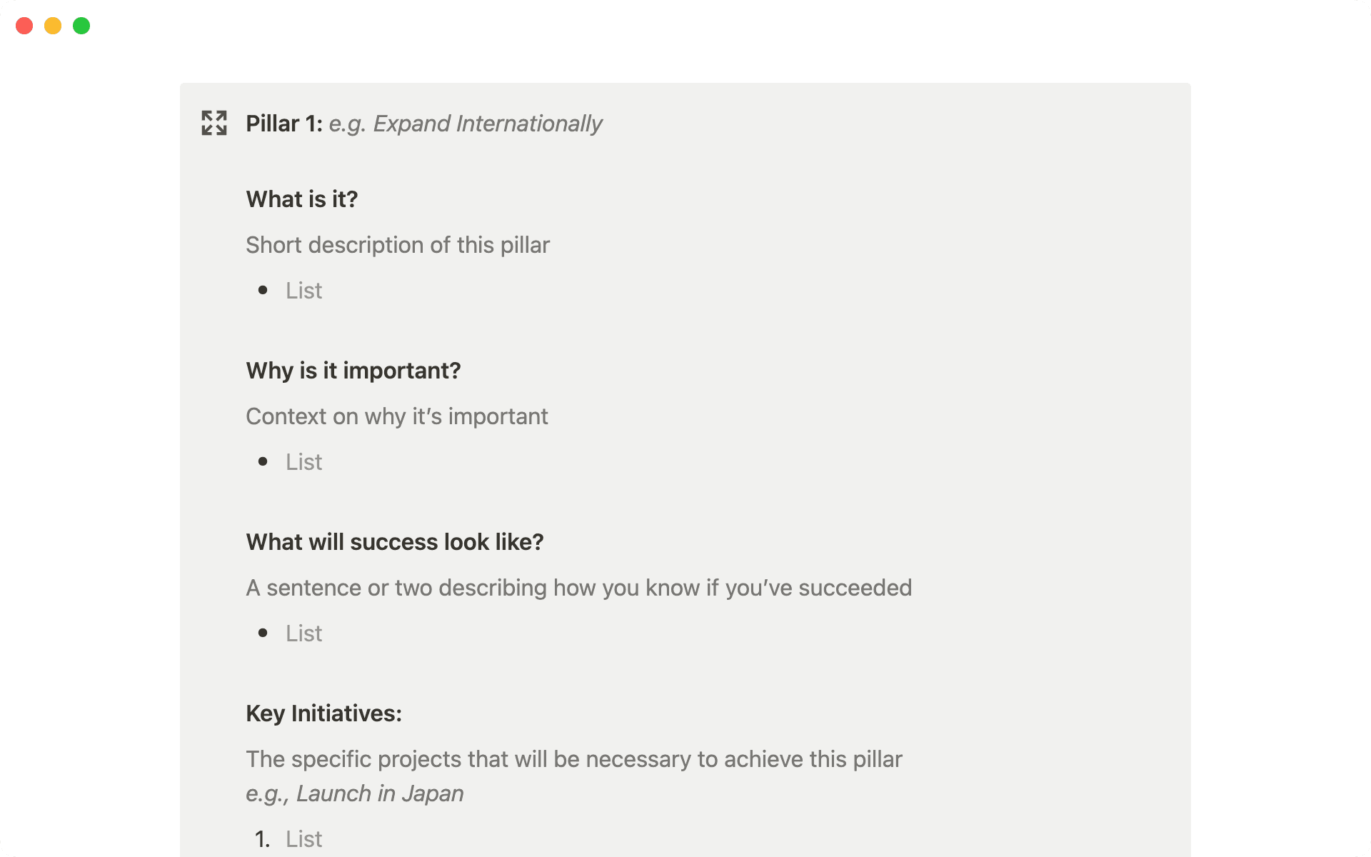 Créez chaque pilier stratégique en définissant le quoi, le pourquoi, les indicateurs de réussite et les initiatives clés.