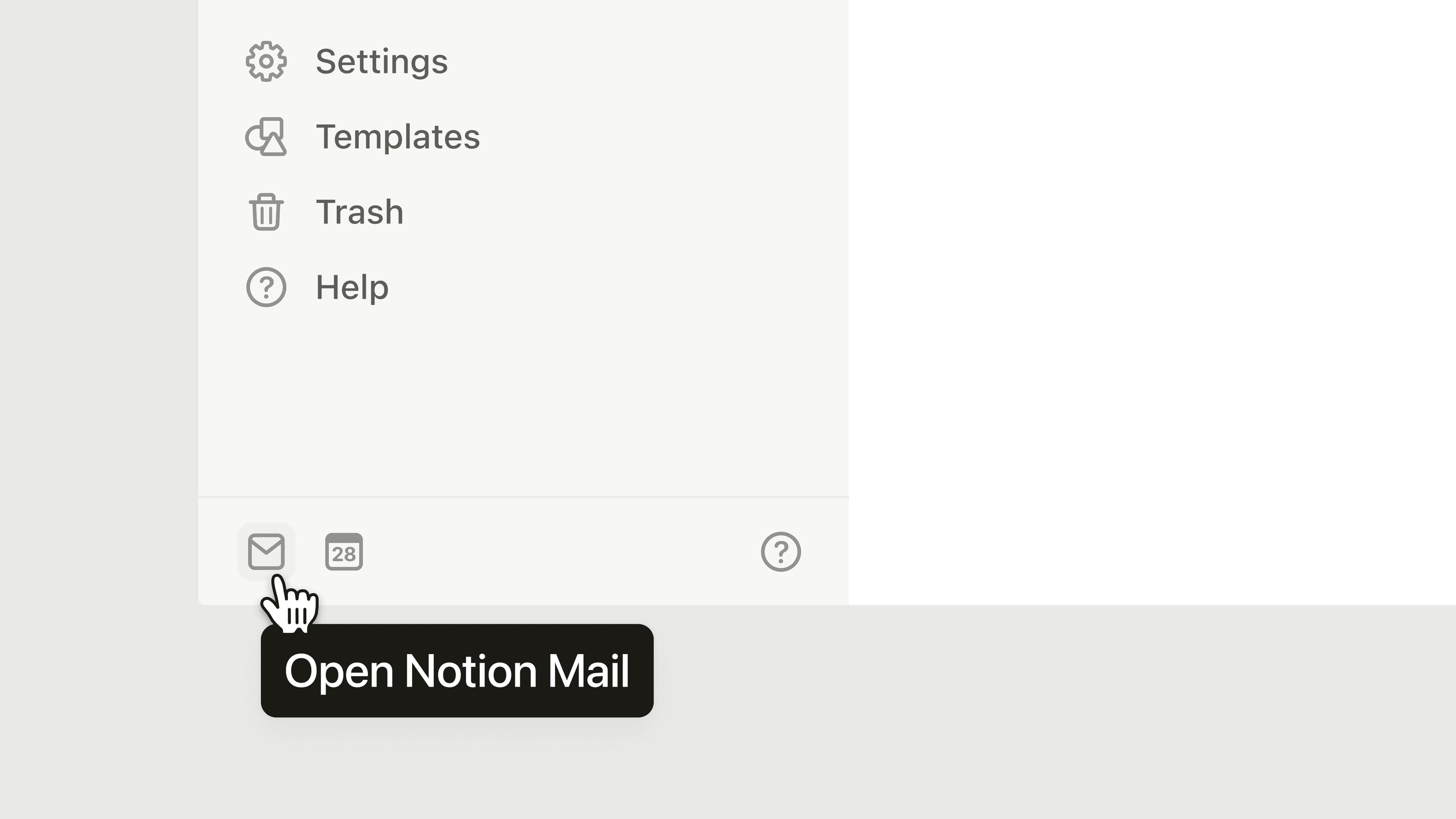 aide : point d’entrée de la barre latérale dans Notion Mail