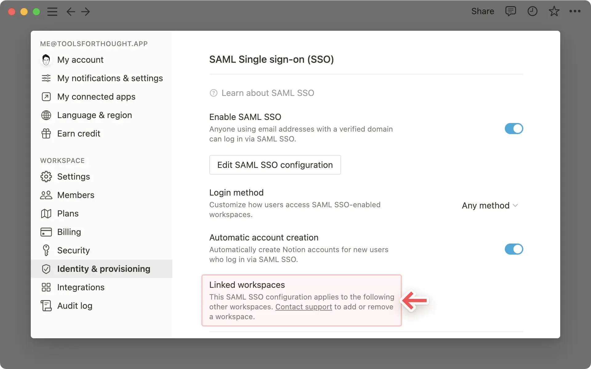 lien espace de travail sso saml