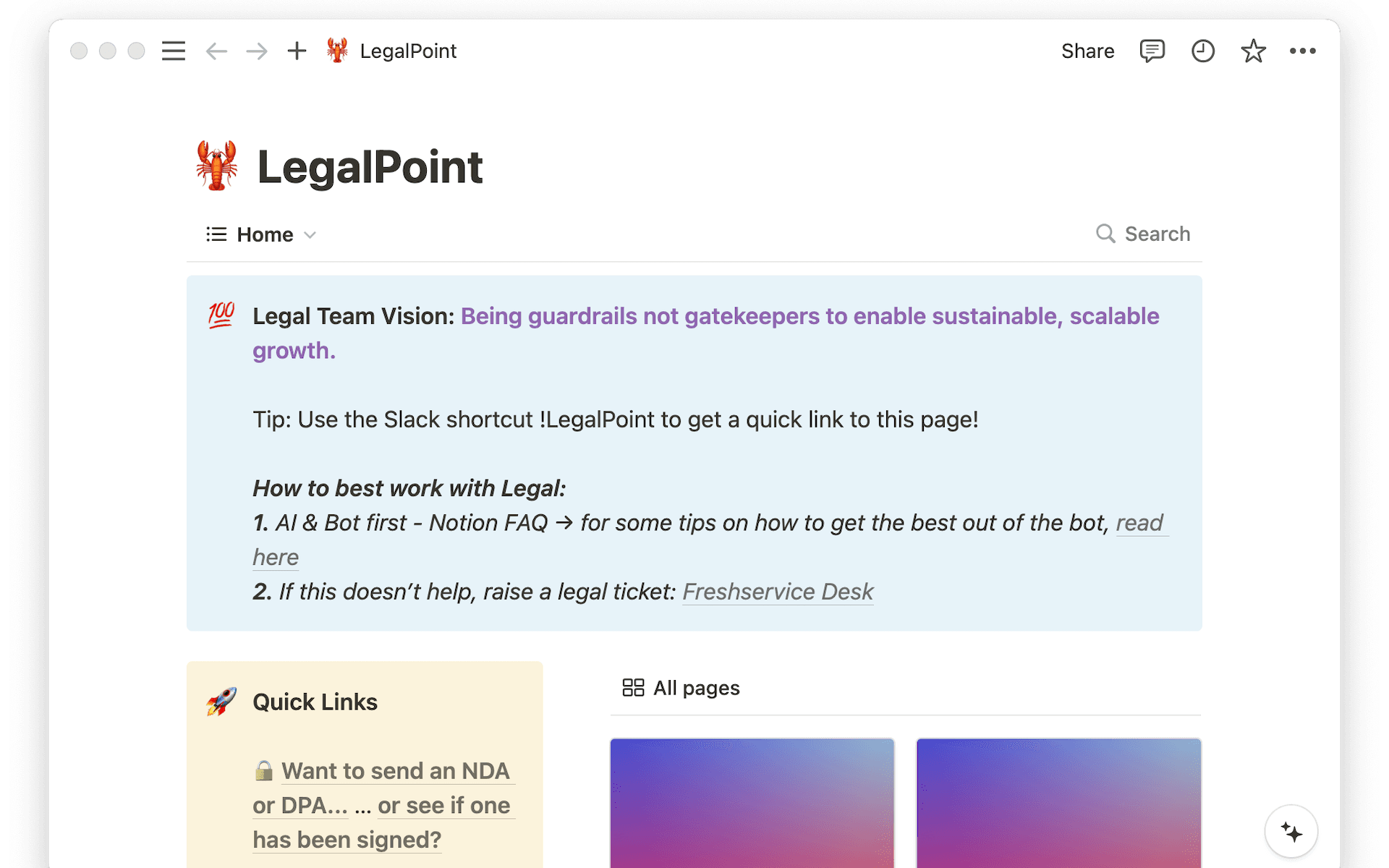 Le Wiki de l’équipe juridique de Liberis est l’une des pages les plus consultées de l’espace de travail Notion de l’entreprise.