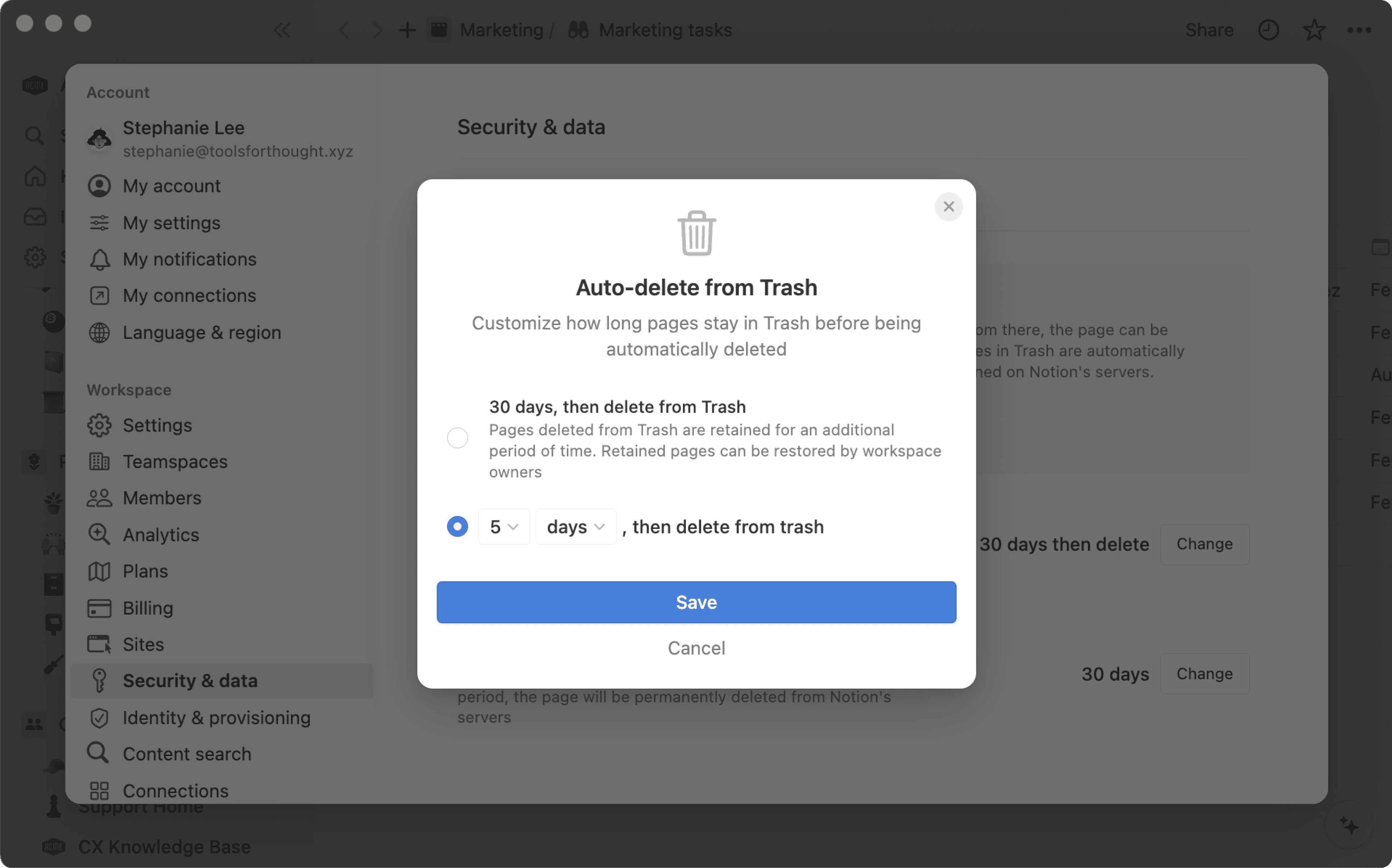 aide : conservation des données personnalisées — paramètres de suppression de page