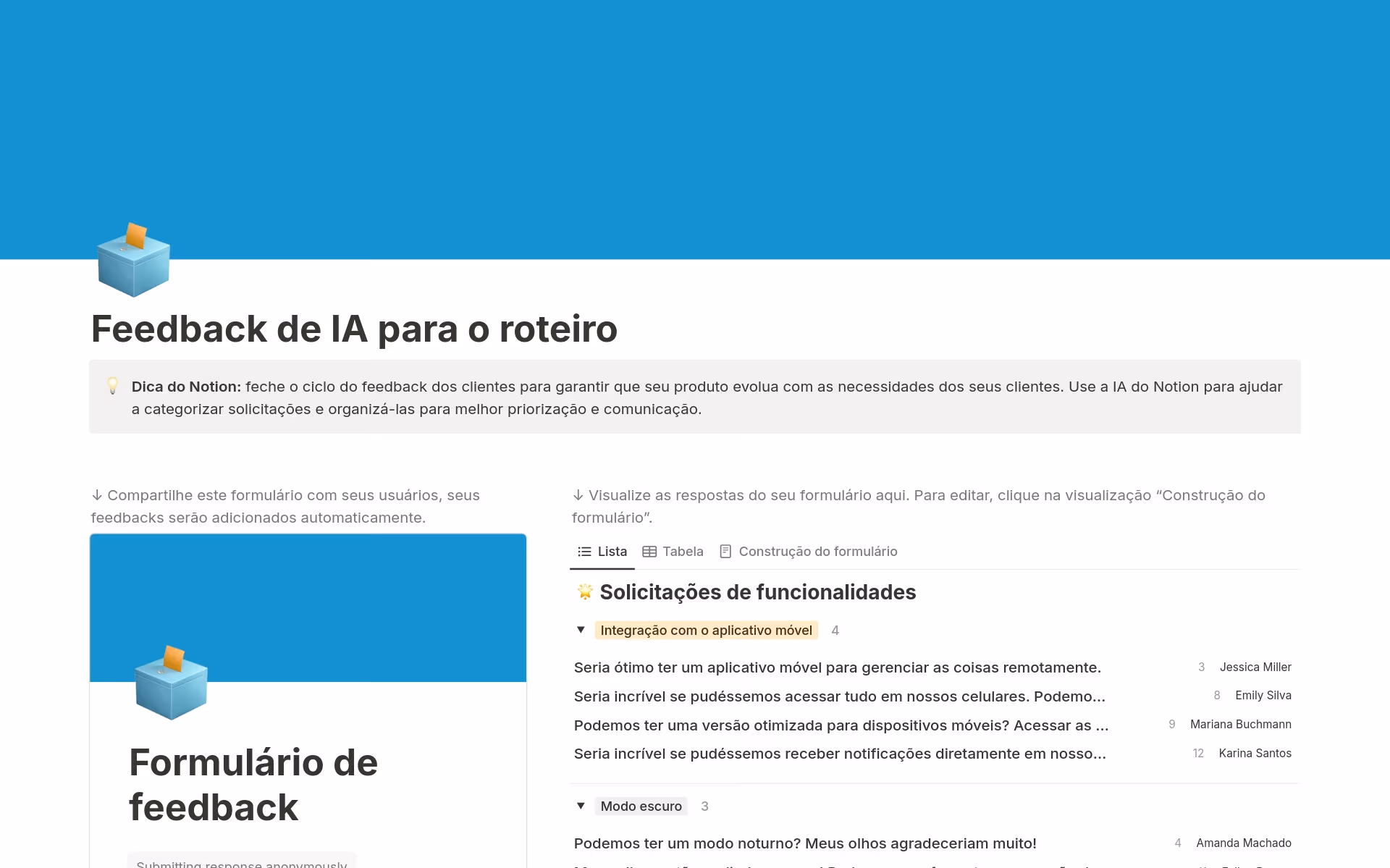 Uma prévia do modelo para Acompanhamento de feedback para o roteiro de produto